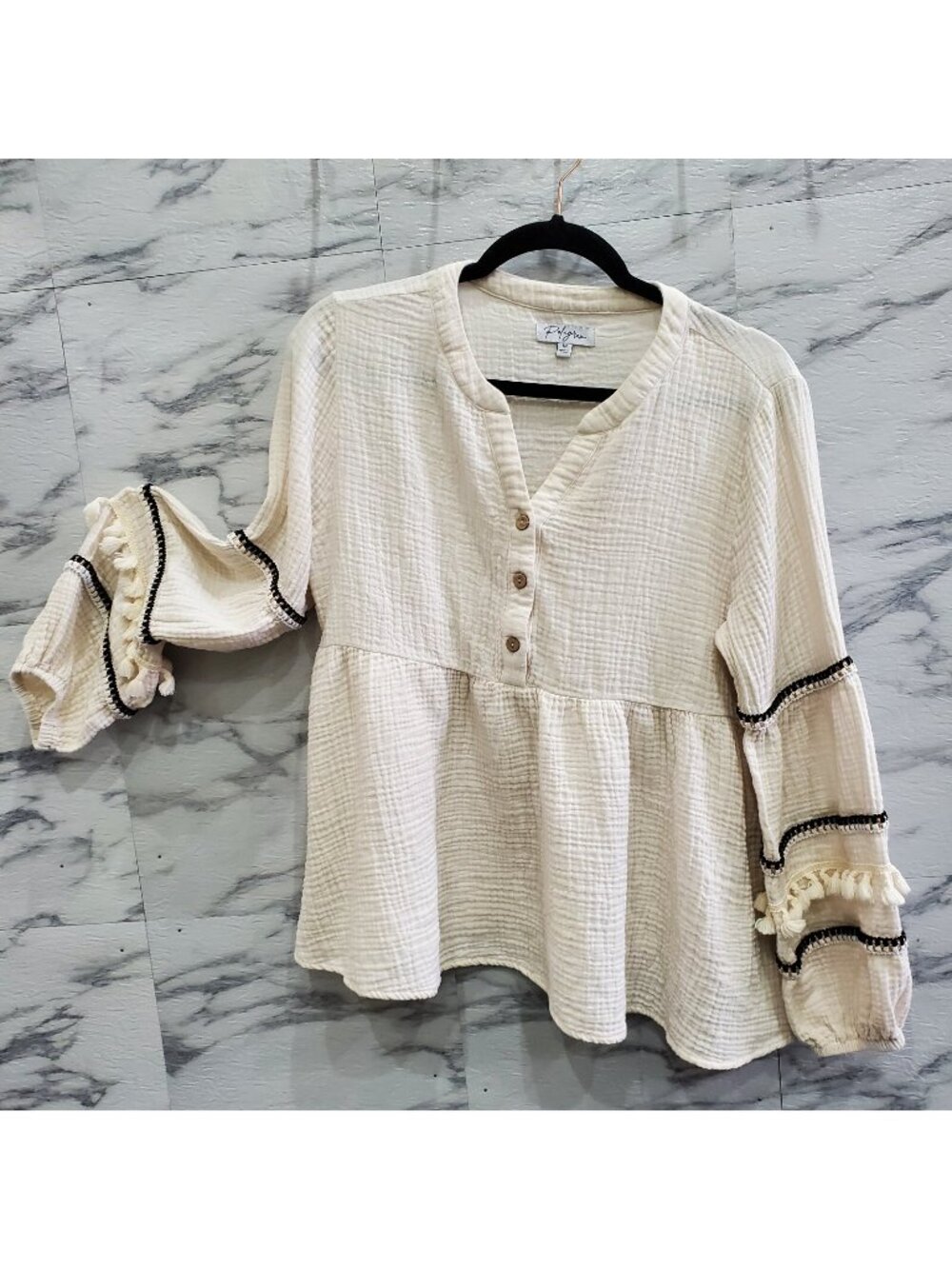 Polagram Womens Top Size M Cream Gauze Half Button Balloon Sleeve Tassles Boho